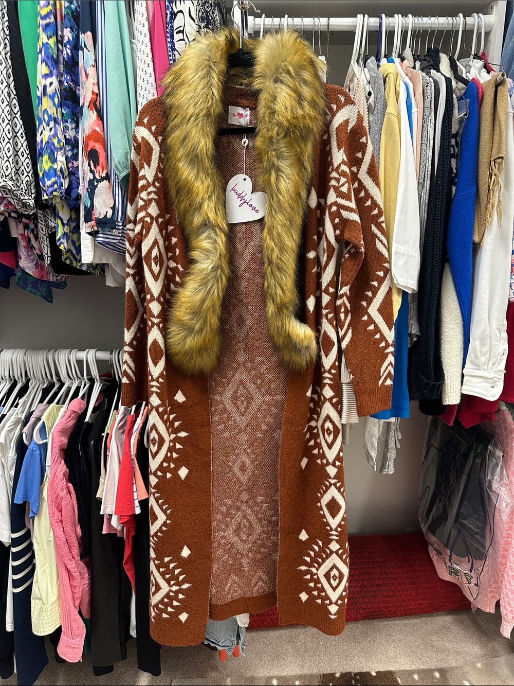 Buddylove Faux-Fur Trim Aztec Pattern Long Cardigan - Brown NWT